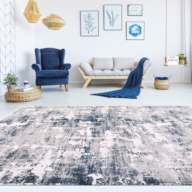 Tapis bleu moderne / abstrait lavable à la machine antidérapant, Rectangle 2 pi 8 po x 5 pi
