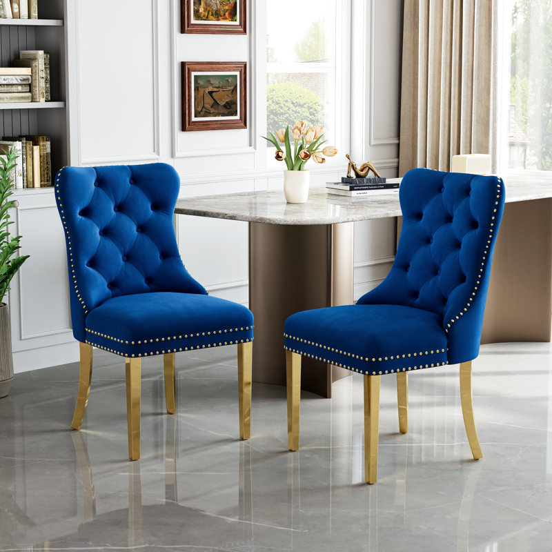 Chaise rembourrée à oreilles Pamela, Doré, Bleu