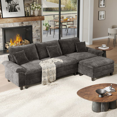 123'' Cloud Modular Couch Sofa, Oversized 3 Seat Comfy Sofa For Living Room, Sectional Couches With Ottoman, Detachable Seat Cushion & Backrest Cover, Chenille Fabric Gray