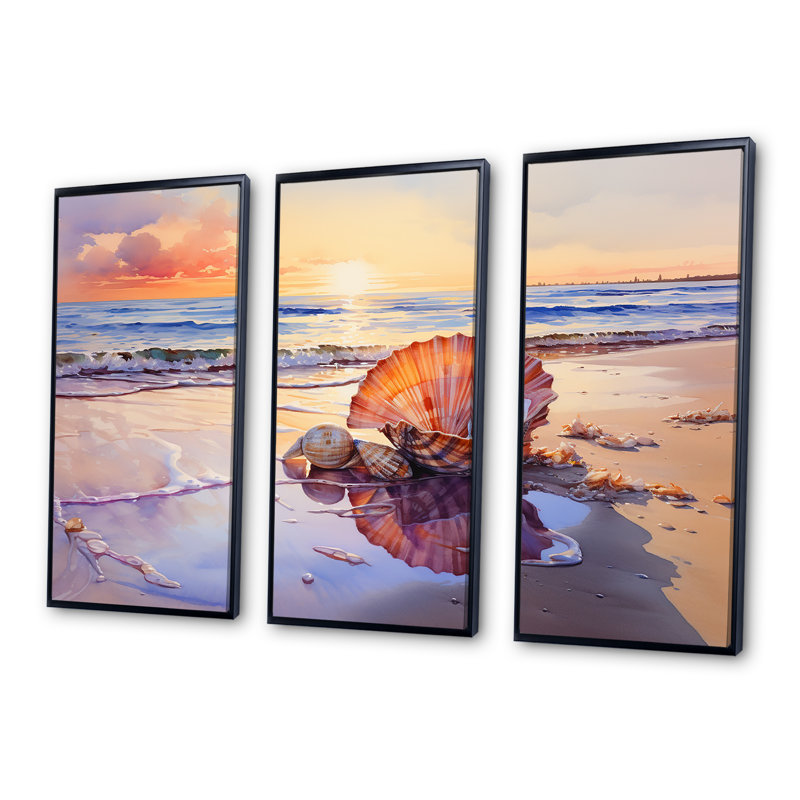 Coastal Treasures Sunset Seashell I - plage, art mural, Cadre flottant noir, H 32 po x l 48 po