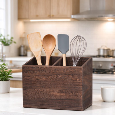 Porte-ustensiles de cuisine rustique en bois à deux compartiments, style ferme, pour comptoir, boîte de rangement en bois pour la décoration de la cuisine