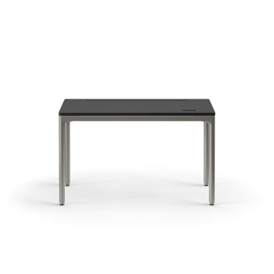 eFloat Quattro, bureau assis-debout avec base en carbone, plateau en bois peint au carbone et passe-câbles en cuir de salzburg