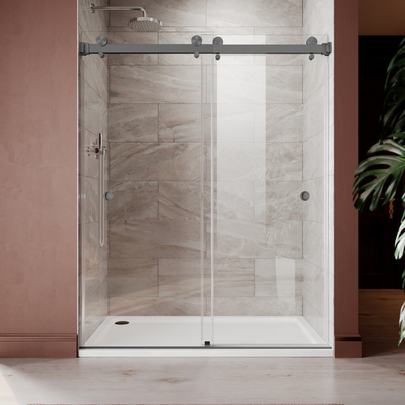 Royal 56 to 60 in. x 76 in. H Frameless  Double Sliding Shower Door with Two Finger Pulls in Space Gray and 3/8 in. (10mm) Clear Glass