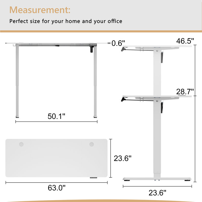 Electric Adjustable Height Standing Desk, White / White, 46.5" H x 63" W x 23.6" D