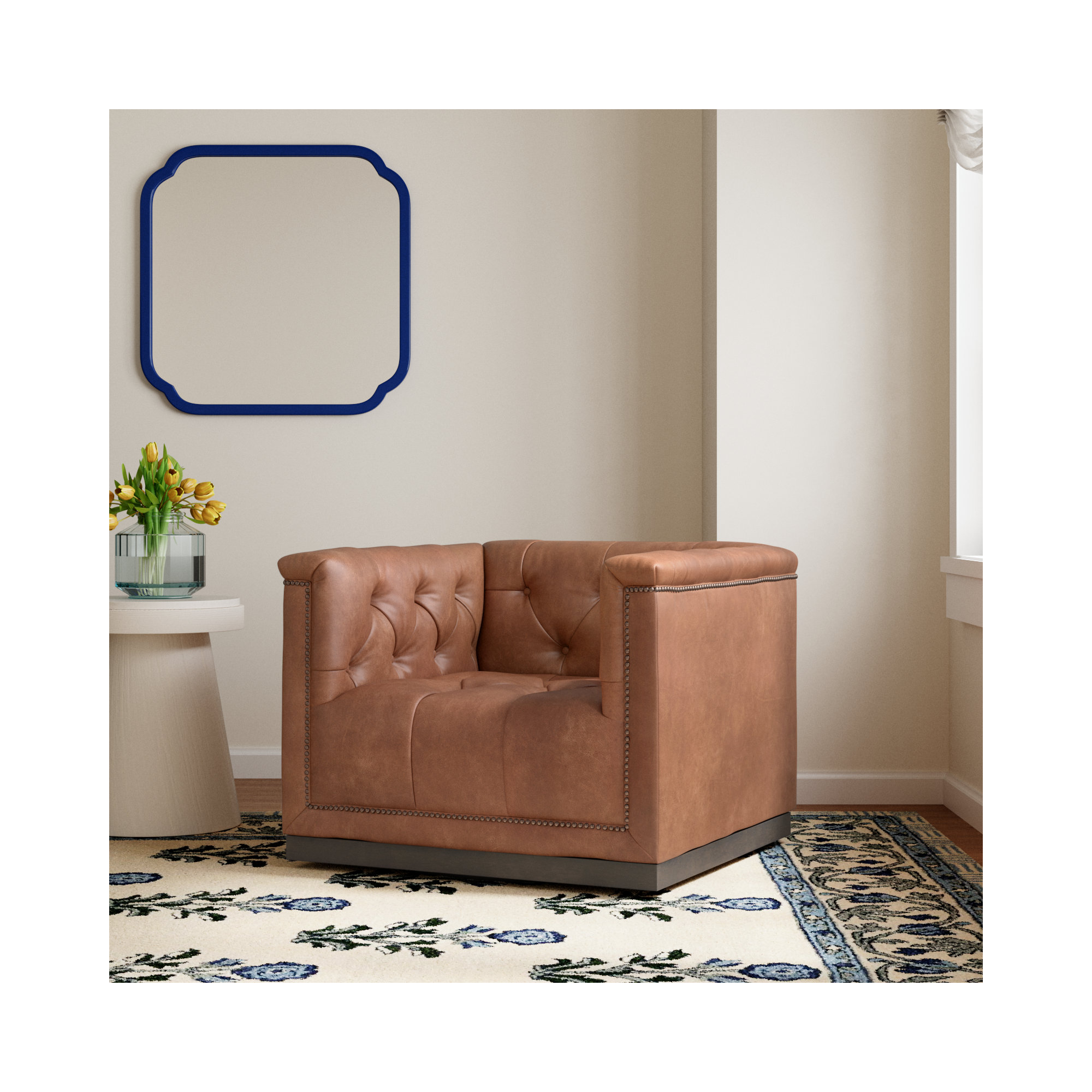 Byer Upholstered Swivel Accent Chair, Heirloom Sienna/Dark Brown Genuine Leather