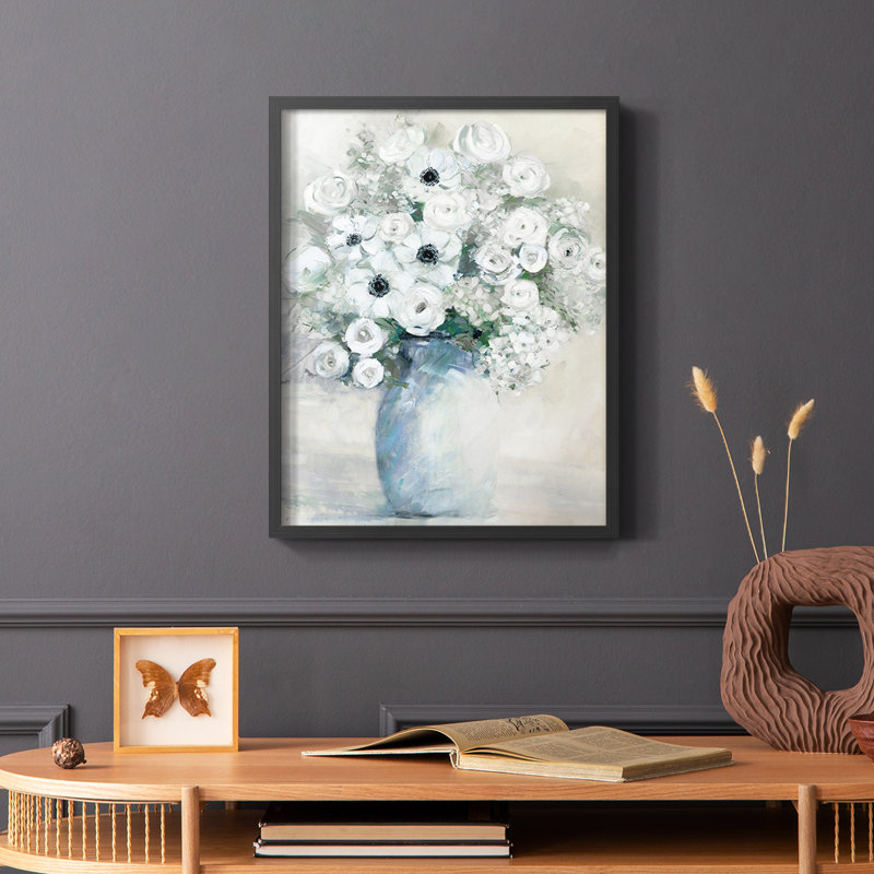 Reproduction encadrée de bouquet d'anémone blanche - bois massif, H 10 po x l 8 po, Noir