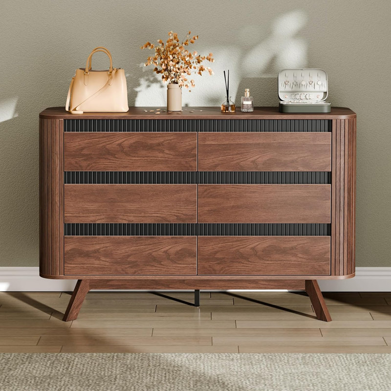 47.2" Wide Double Dresser with 6 Drawers, Modern Wide Storage Chest for Bedroom, Walnut
