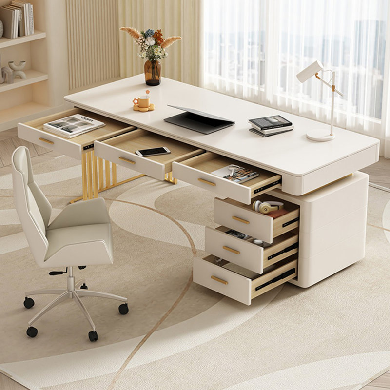Bureau de direction blanc rectangulaire en pierre frittée avec 6 tiroirs, H 29,53 po x l 70,87 po x P 27,56 po