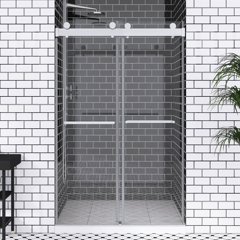 44 à 48 po X P 76 po H Double porte de douche coulissante sans cadre | Fermeture en douceur | Verre trempé de 3/8 po d'épaisseur avec revêtement facile à nettoyer