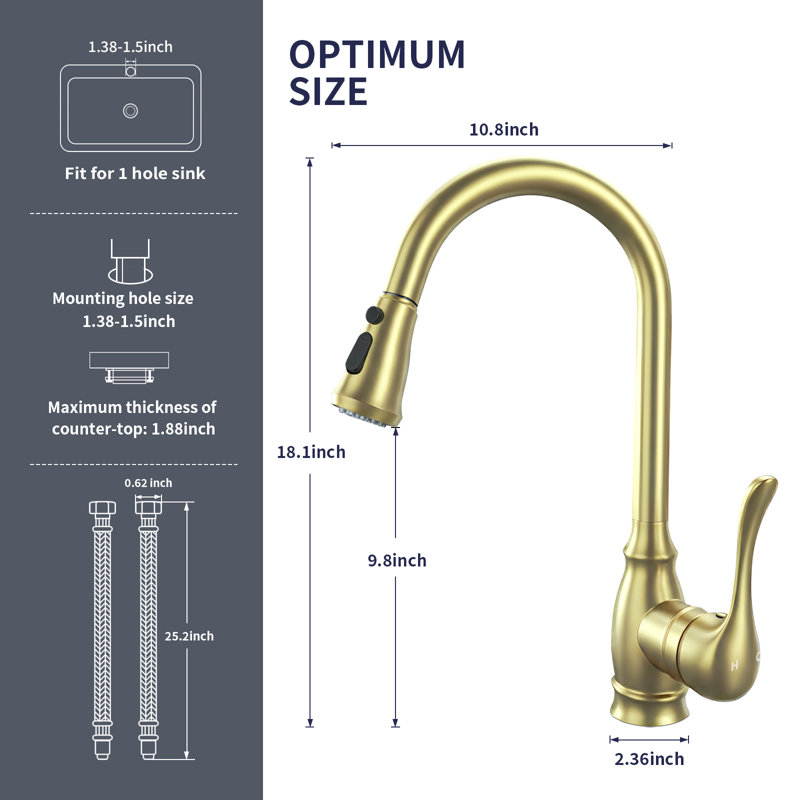 Single-handle, high-arc kitchen sink faucet with a dual-function pull-down spray; modern countertop-mounted kitchen mixer faucet, suitable for farmhouse-style kitchens.