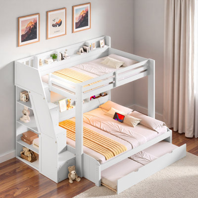 Lit superposé avec escalier de rangement, lit gigogne, tablettes de rangement, DEL et USB
