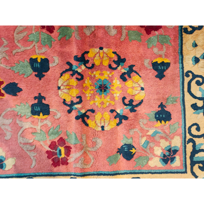 Antique Chinese Wool Pile Room Size Floral Pomegranate Design Pink Art Deco Rug