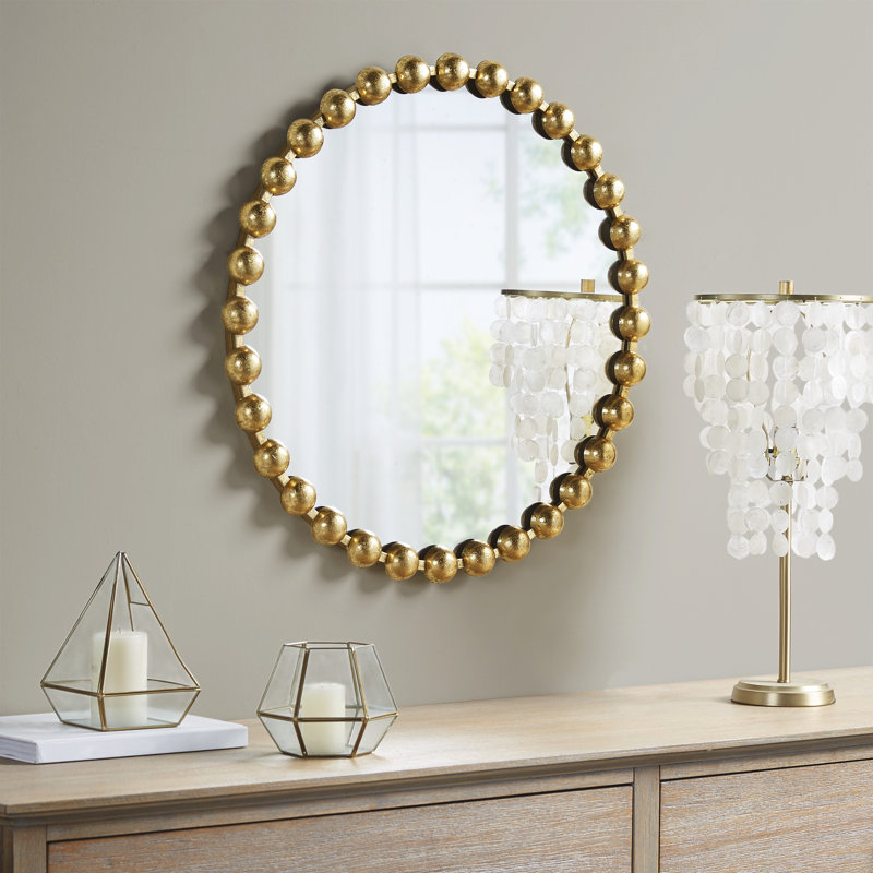 36" Round Gold Beaded Metal Wall Mirror