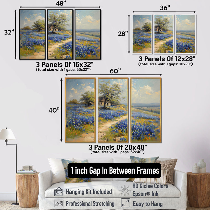 «Blue Green Summer Meadow Charm Blue Bonnets II - Blue Bonnets», ensemble d'art mural, Cadre flottant noir, H 28 po x l 36 po
