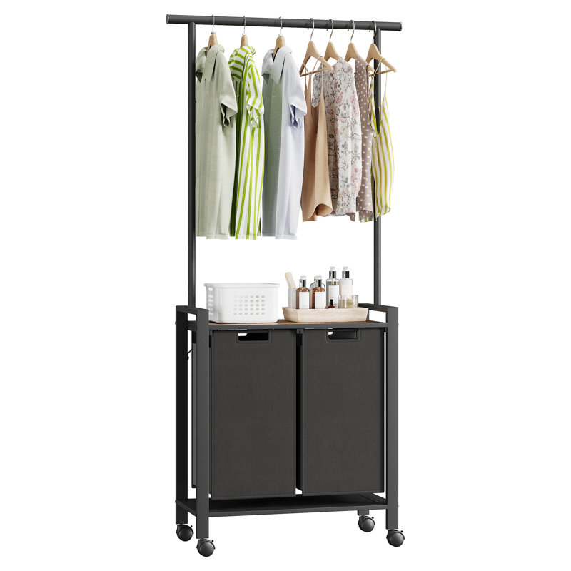 2/3 Section Rolling Laundry Sorter Hamper with Hanging Bar and Shelves, Heavy-Duty Laundry Basket Organizer with Wheels