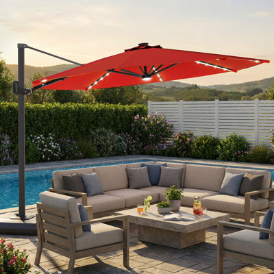 11' Large Hanging Outdoor Umbrella with Solar LED Glow Strips, 360-Degree Rotating Sunshade and Matching Base for Patio, Red