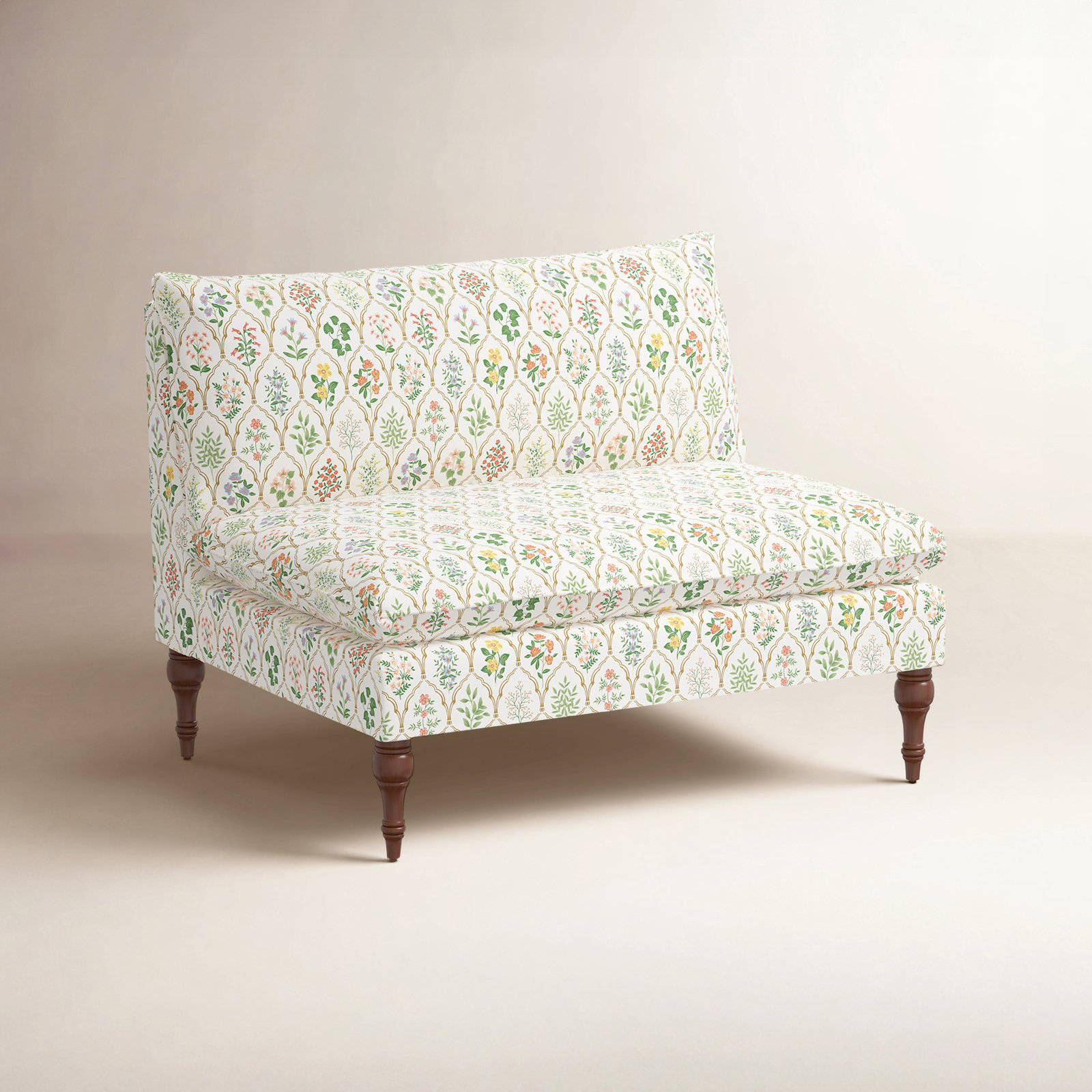 Rifle Paper Co. x Cloth & Company Louie Settee, Rpc Hawthorne Multi Linen, Espresso Wood