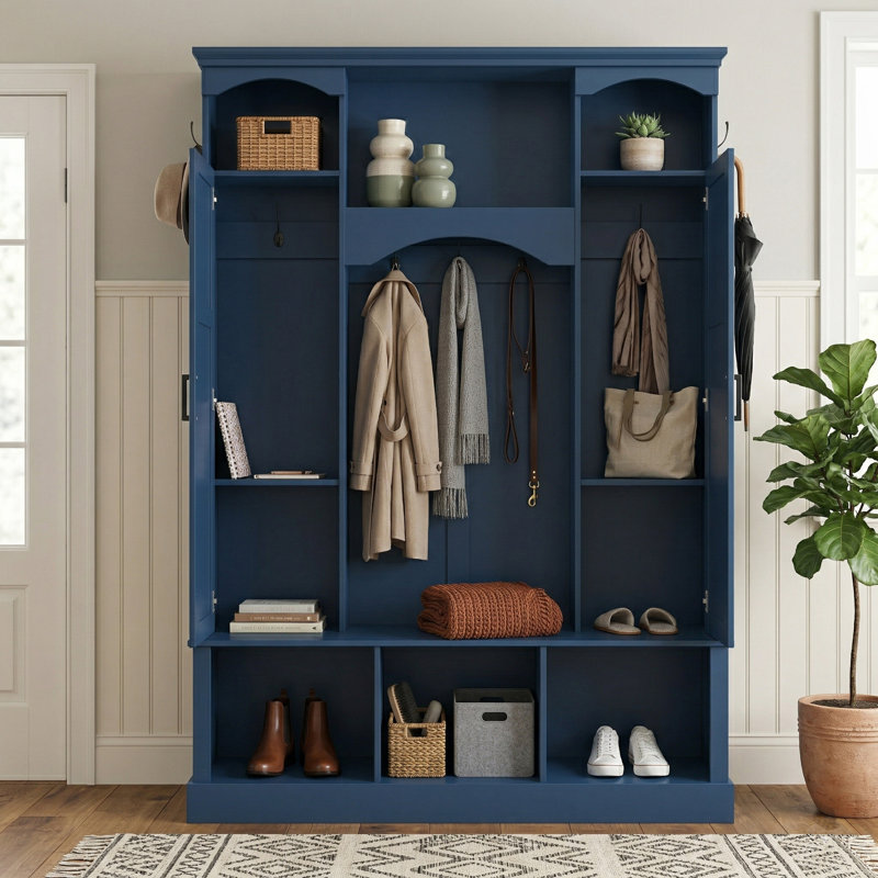 55" Wide Modern All-In-One Hall Tree With Wardrobe, Farmhouse Entryway Storage Bench With 7 Hooks For Mudroom, Blue