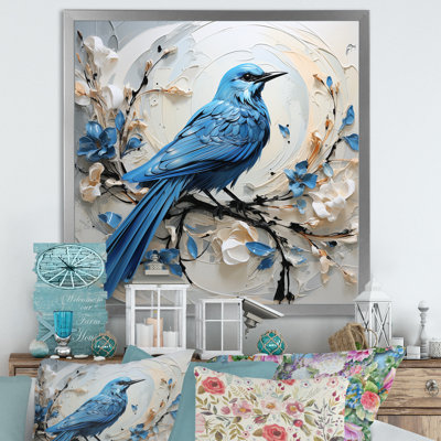 Oiseau bleu minimalisme blanc et fleurs bleues, reproduction sur toile