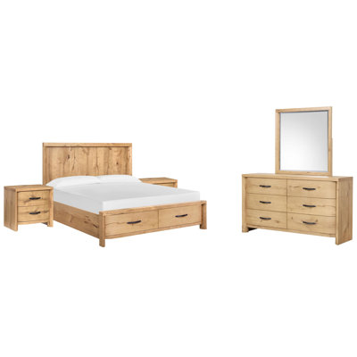 Très grand lit à panneau de rangement Hagi, 2 tables de chevet et commode double avec miroir