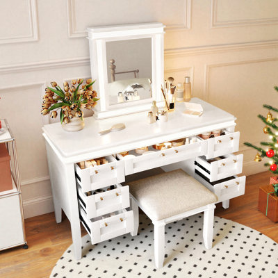 48" Makeup Vanity with 3-color Lighting Mirror, Outlets, Stool, Storage Drawers and Cushioned Stool