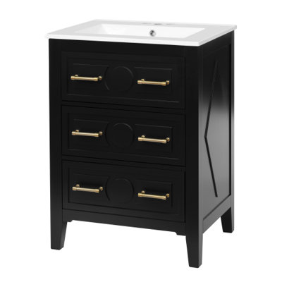 Meuble-lavabo simple autoportant noir l 24 po avec lavabo en céramique lustré, structure en bois de pin massif avec détails sculptés, armoire de rangement à 3 tiroirs