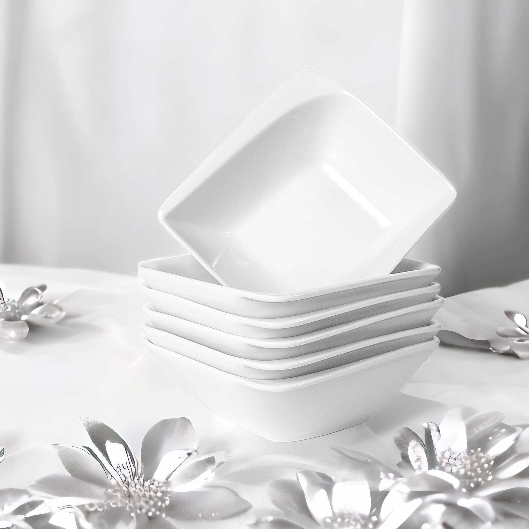 White Large Soup Bowls for Eating Set of 6 - Square 36oz Deep Ceramic Salad Cereal Bowl, 7 inch Porcelain Serving Bowls for Kitchen Ramen Rice, Dishwa