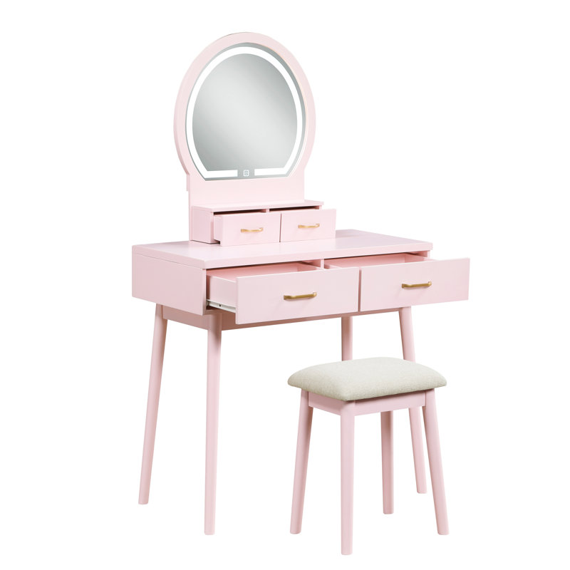 Pink Bedroom Vanity With Stool, Mirror And Convenient Drawer For Led Mirror, Stool & Drawers, Pink