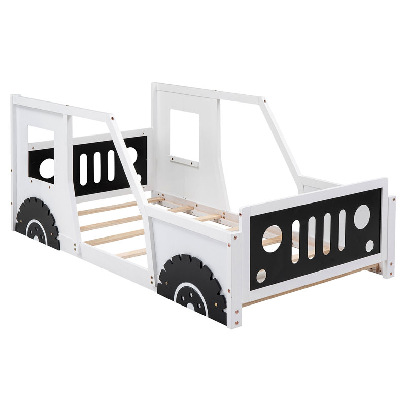 Lit plateforme classique avec roulettes en forme de voiture, Lit simple, Blanc