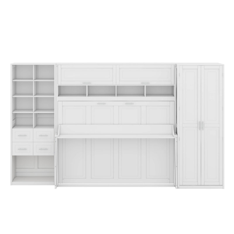 Lit escamotable avec placard, tiroirs et tablettes Murphy, Blanc, Lit double