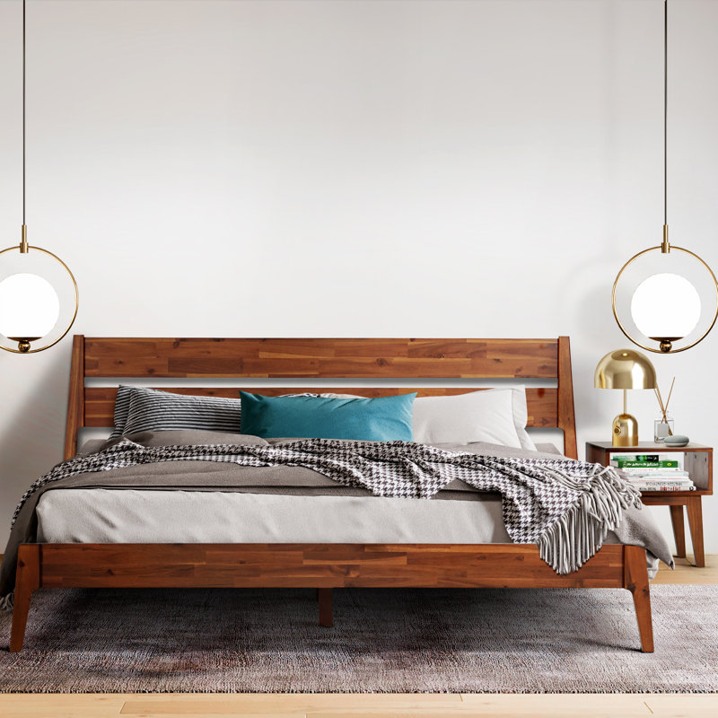 Ensemble de chambre à coucher 2 pièces - Structure de lit plateforme en bois massif et table de chevet assortie, style scandinave moderne Mid-Century, capacité de 800 lb, aucun sommier nécessaire