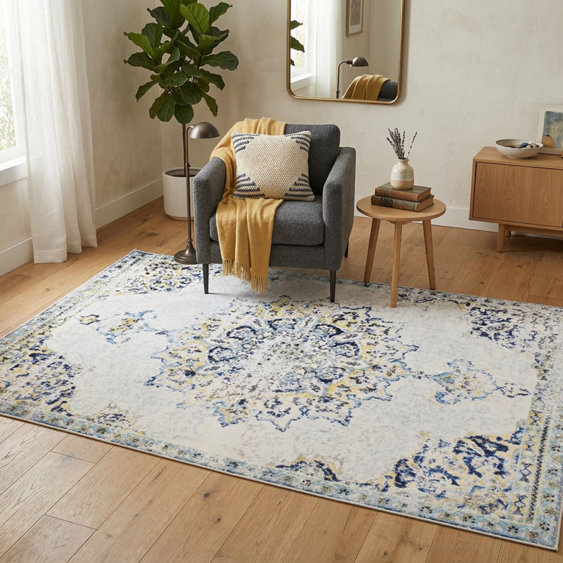 Floranne Oriental Non-Slip Machine Washable Vintage Area Rug in Blue/Yellow/Cream for Living Room, Bedroom, Hallway Runner Indoor Rugs (5'×8')