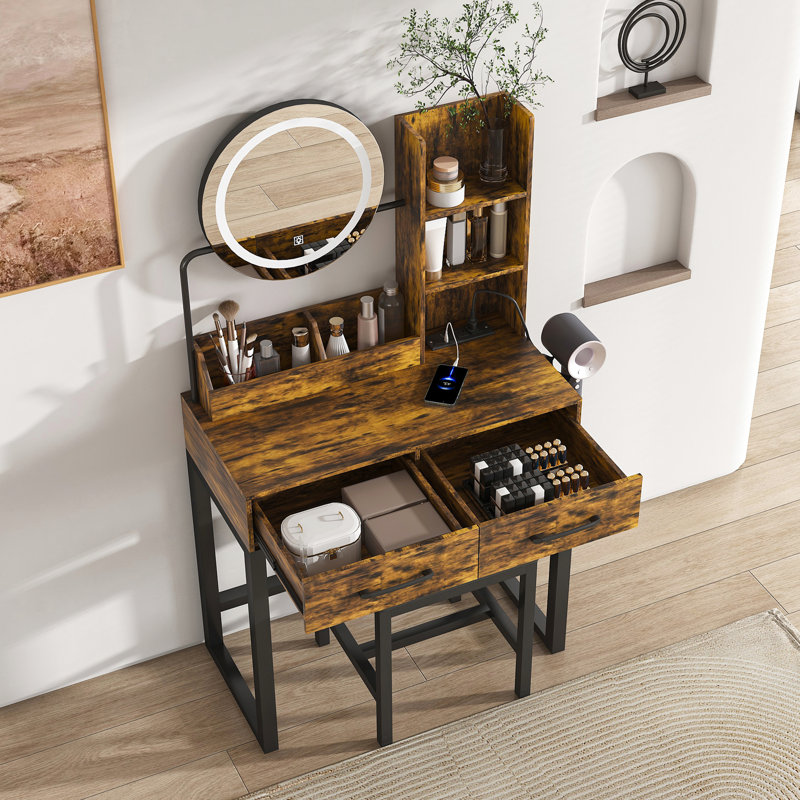 Round Led Makeup Mirror Vanity With 3 - Color Lights, 2 Large Drawers, Ports, And Hair Dryer Stand, Brown, Structure American Style Big Open Storage, Adjustable Brightness, Material Build