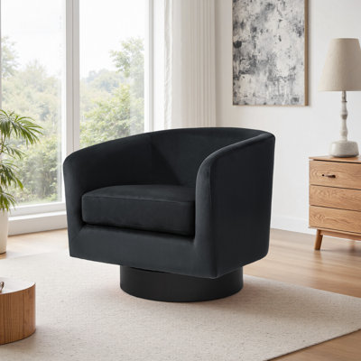 Eugenie Applewold Upholstered Black Velvet Swivel Barrel Chair with Solid Wood Base