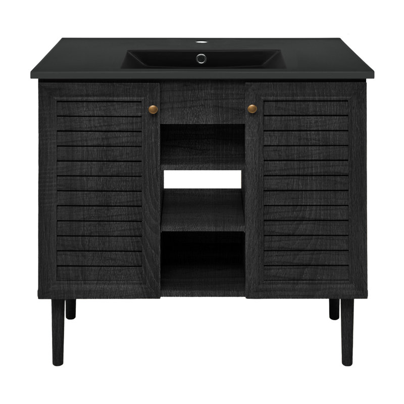 Bron 36" Freestanding Bathroom Vanity in Black Oak with Black Sink Top, Black, Black Oak, Single-Hole