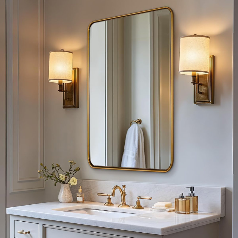 Miroir de salle de bain rectangulaire contemporain arrondi | Structure en U en aluminium, 36 po x 24 po, Or brossé
