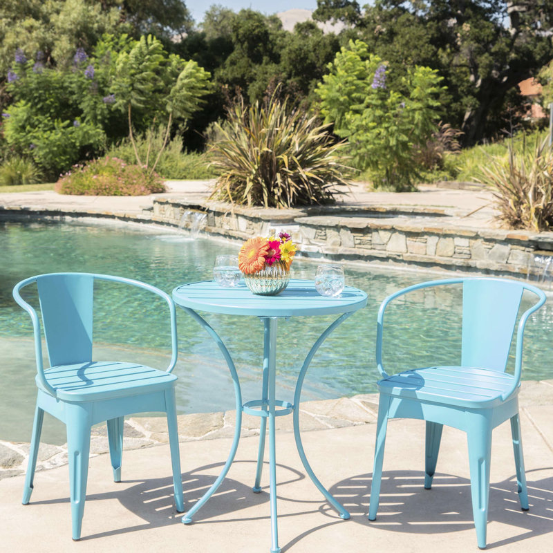 Bistro d'extérieur en métal 3 pièces Kd en bleu. Durable avec fer thermolaqué. Chaise: H 18/30 po x l 16,25 / 20 po x P 16,25 / 20,5 po.