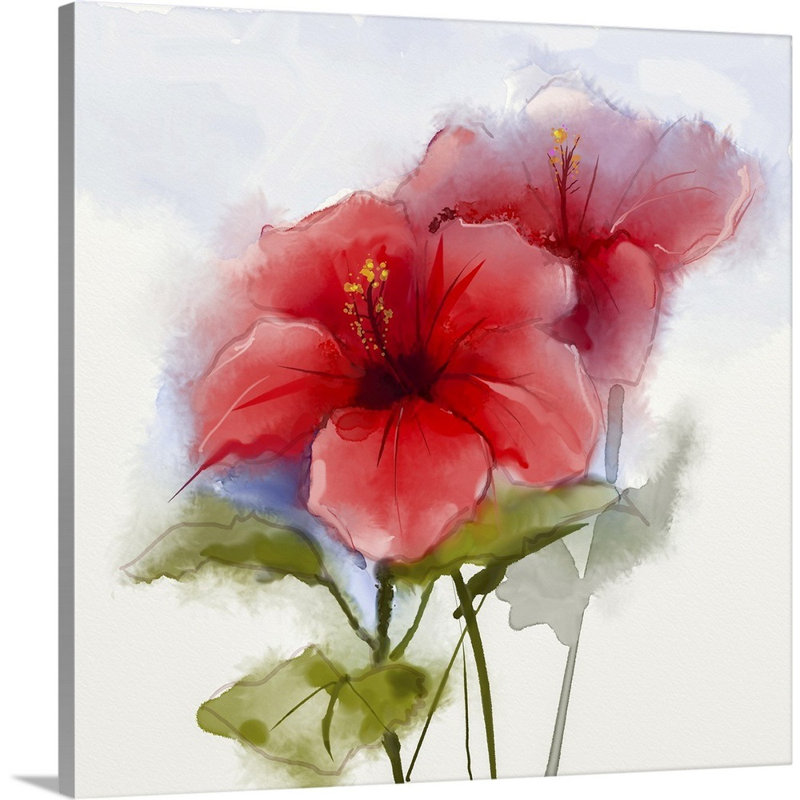 Aquarelle sur toile, fleur d'hibiscus rouge, Toile tendue, H 36 po x l 36 po x P 1,25 po