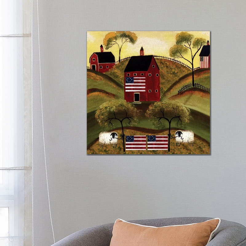 4th Of July Sheep Red Barns by Cheryl Bartley - Wrapped Canvas Print, 66.04 cm H x 66.04 cm W x 1.91 cm D