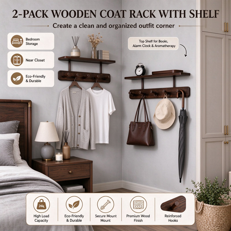 Wall Mount Coat Rack with Shelf, 2 Pack 15.7in Each, 10 Wooden Hooks, Adhesive or Drilling Install, for Clothes Towels Keys Bags