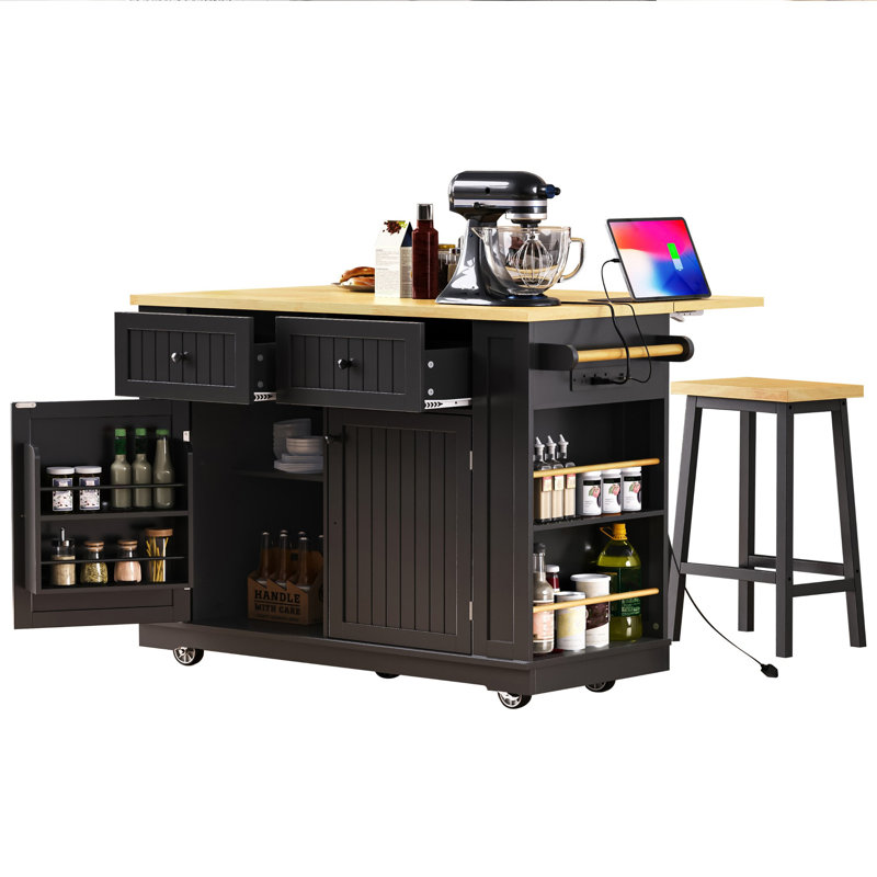 48 Inch Large Kitchen Island With Drop Leaf (Not Include Stools), Black