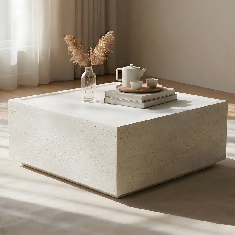 28" Square Travertine Stone Indoor/Outdoor Coffee Table, Ivory Travertine