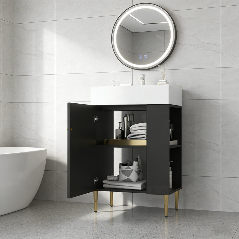 Meuble-lavabo de salle de bain avec lavabo et rangement à droite, Noir