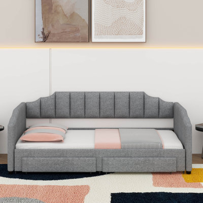 Twin XL Size Extendable Upholstered Daybed With Two Storage Drawers And LED Light,Twin XL To King Daybed