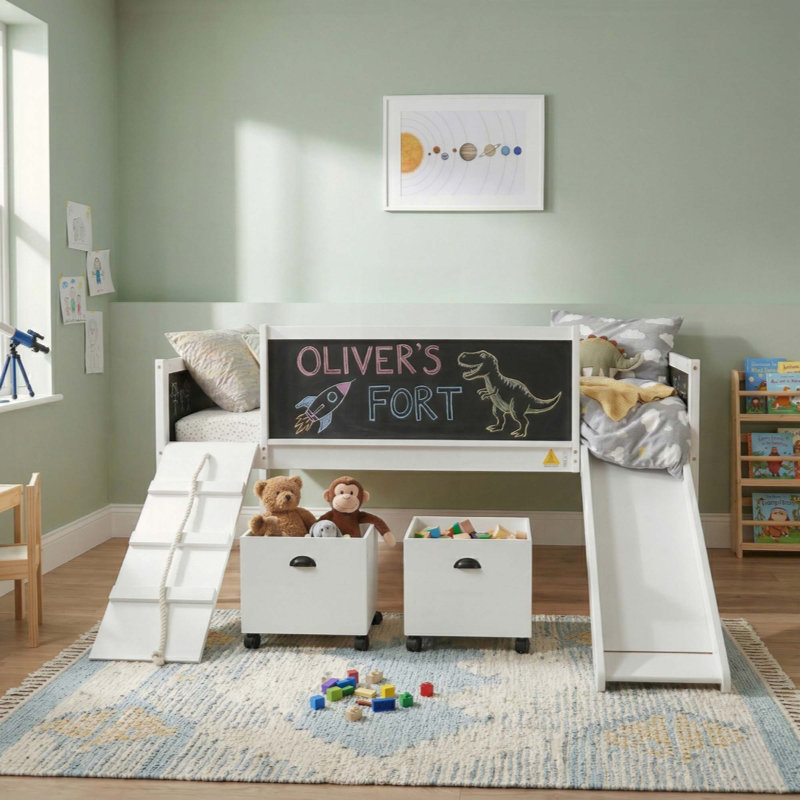 Loft Bed Wood Bed with Two Storage Boxes, White