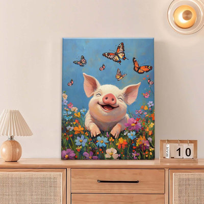 Pig Wall Art, Funny Pigs Butterfly Pictures Wall Decor, Farmhouse Animals Flowers Canvas Prints Painting, Framed Artwork For Bathroom Living Room Bedroom Kitchen Dining Room 16"X12"