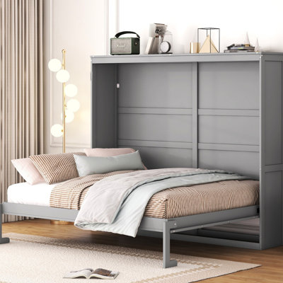 Grand lit gris, idéal pour les espaces polyvalents, système à deux pistons, lit en douceur, lit escamotable et pliable pour économiser de l'espace.