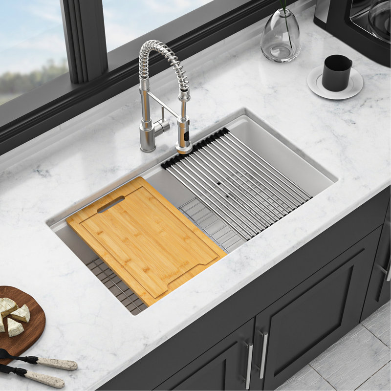Évier de comptoir en quartz 32 po x 19 po blanc - fabrication avancée, poste de travail de l'utilisateur 32 po x 19 po blanc, résistant à l'usure et hygiénique