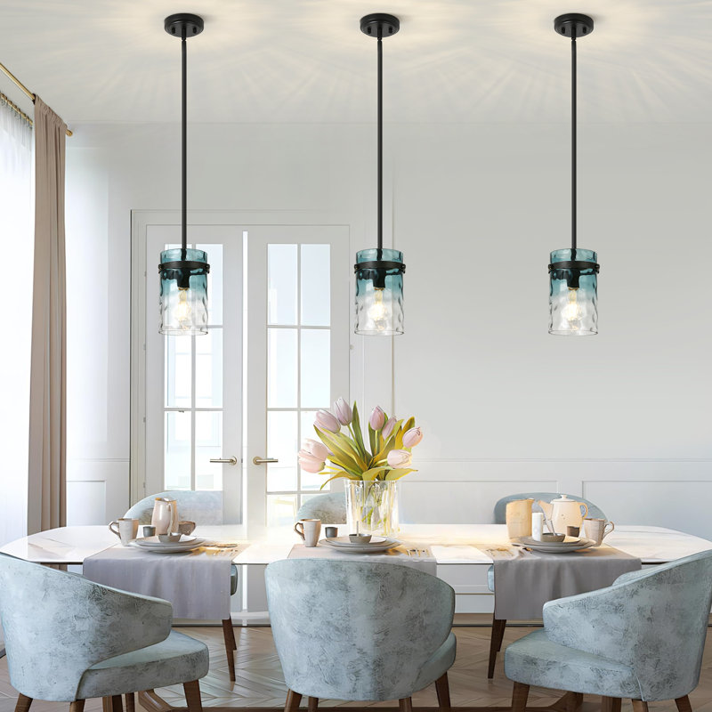 Levona 1-Light Kitchen Island Pendant, Hand-Blown Gradient Blue Water Glass, Height Adjustable, Matte Black, Gradient Blue