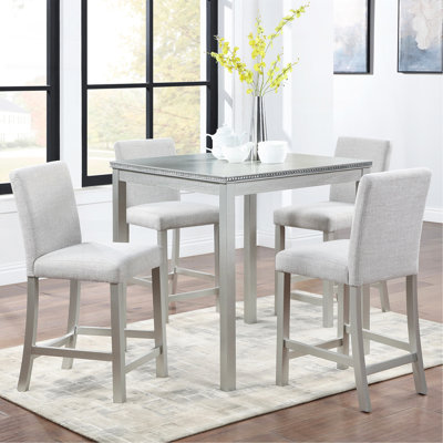 5 Piece Counter Height Table Set, Wooden Kitchen Table Set With Square Table And 4 Upholstered Chairs, Counter Height Dining Table With Crystal Decora